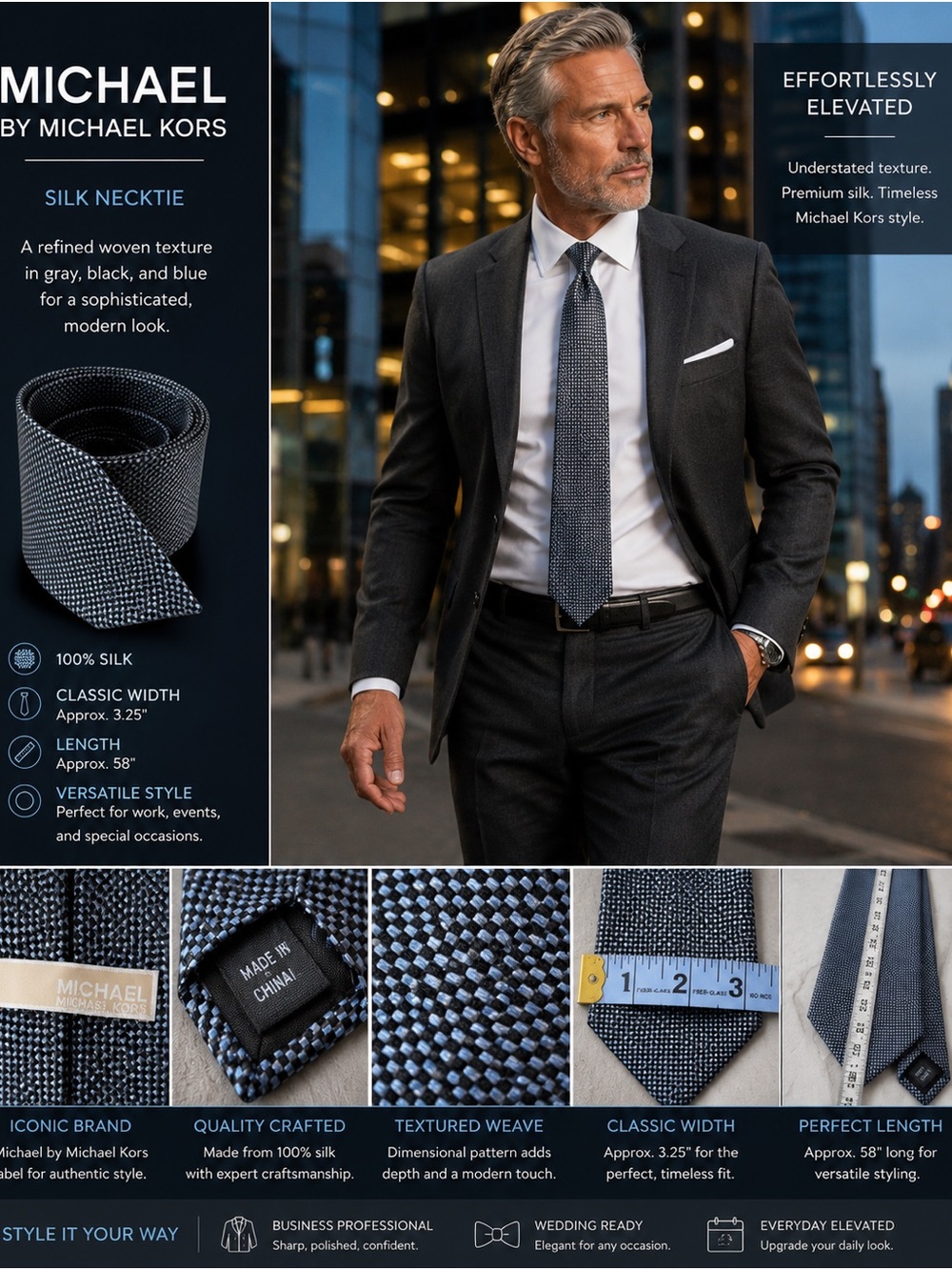 Michael by Michael Kors 100% Silk Tie Gray Blue Black Textured Woven Mens